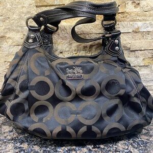 COACH Black Signature Print Double Handle Hobo Multi Compartment Purse